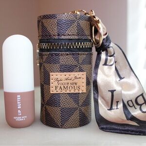 Mini Bucket Bag & Tinted Lip Butter Ribbon Bag Faux Leather Keyring Charm Brown